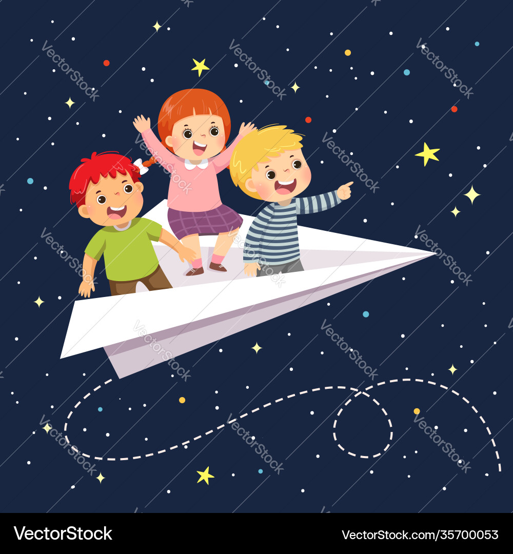 Kids flying on paper airplane Royalty Free Vector Image