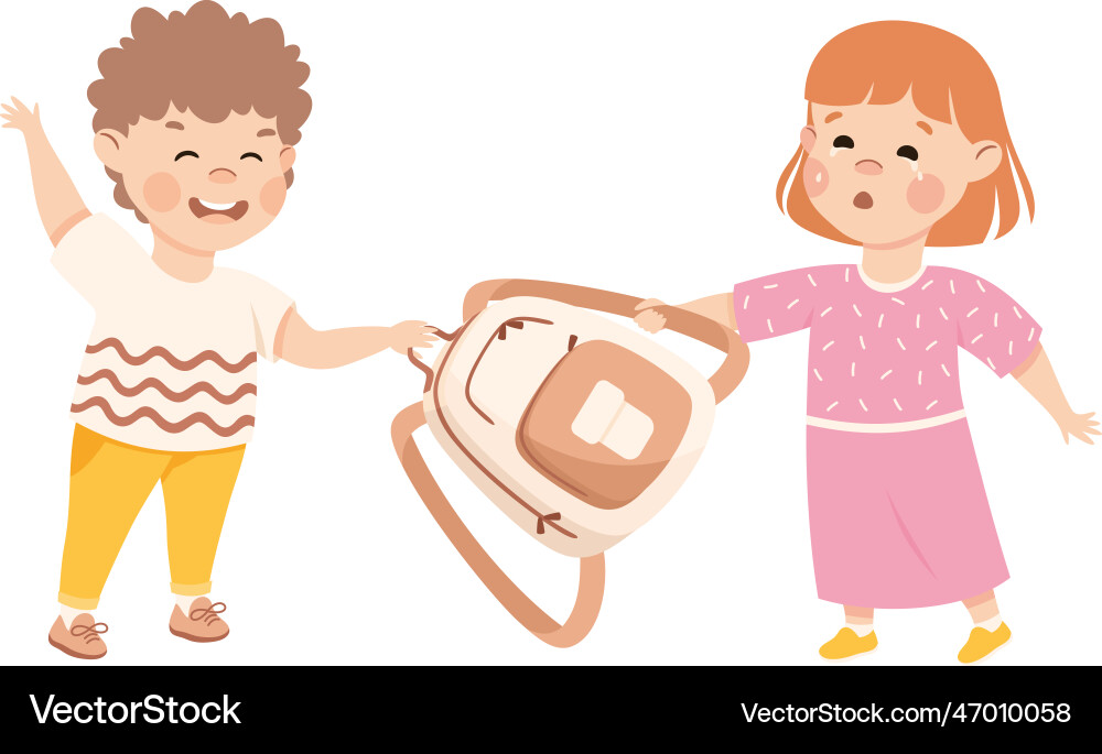Aggressive bully boy taking away backpack from Vector Image