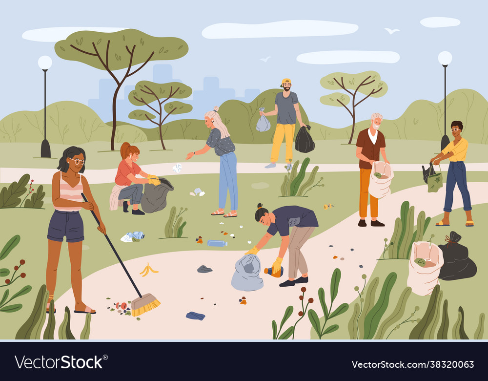 People Collecting Garbage In City Park Men Vector Image