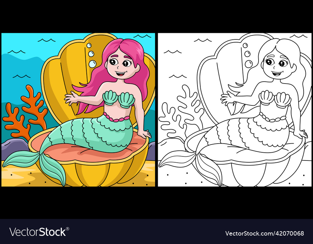 Mermaid sitting in a shell coloring Royalty Free Vector