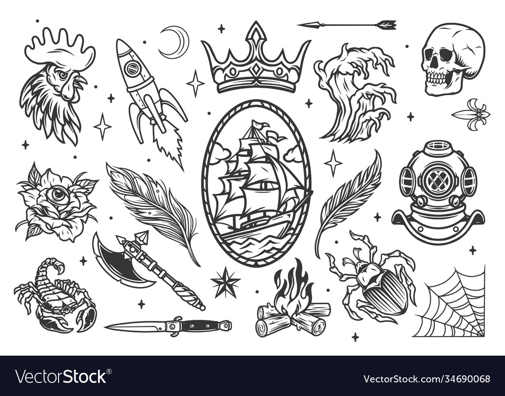 Monochrome tattoos set Royalty Free Vector Image