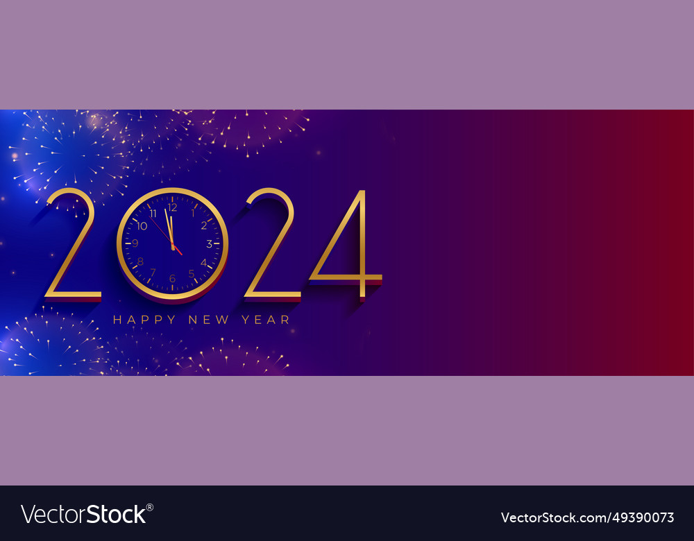 Happy new year 2024 clock wallpaper with firework Vector Image