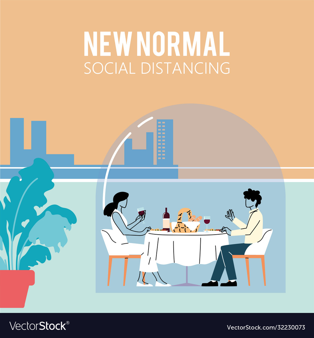 Social distancing between woman and man at table Vector Image