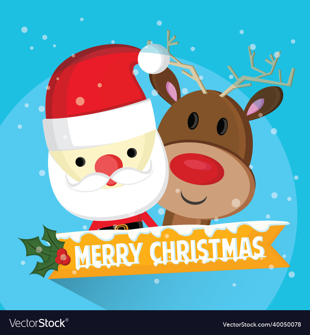 Merry christmas greeting cute santa claus and rein