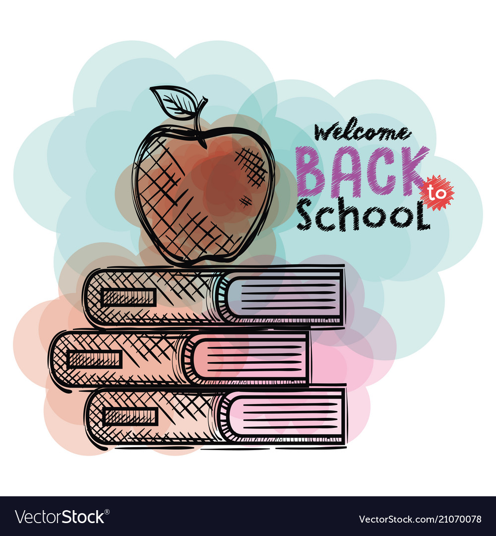 Pile Books And Apple Back To School Drawings Vector Image