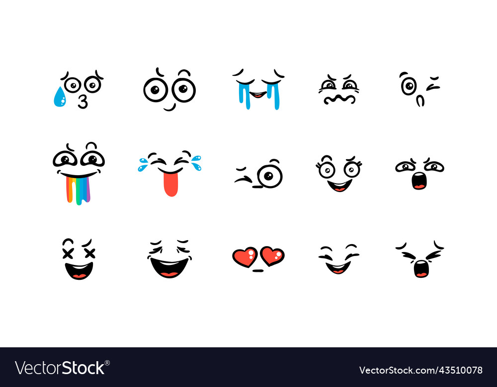 Various cartoon emoticons set doodle faces eyes Vector Image