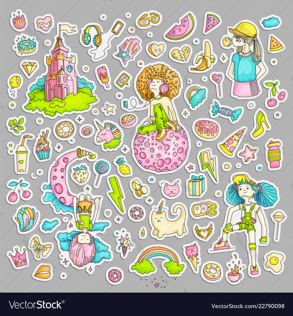 Colored set of teenage girl stickers cute cartoon