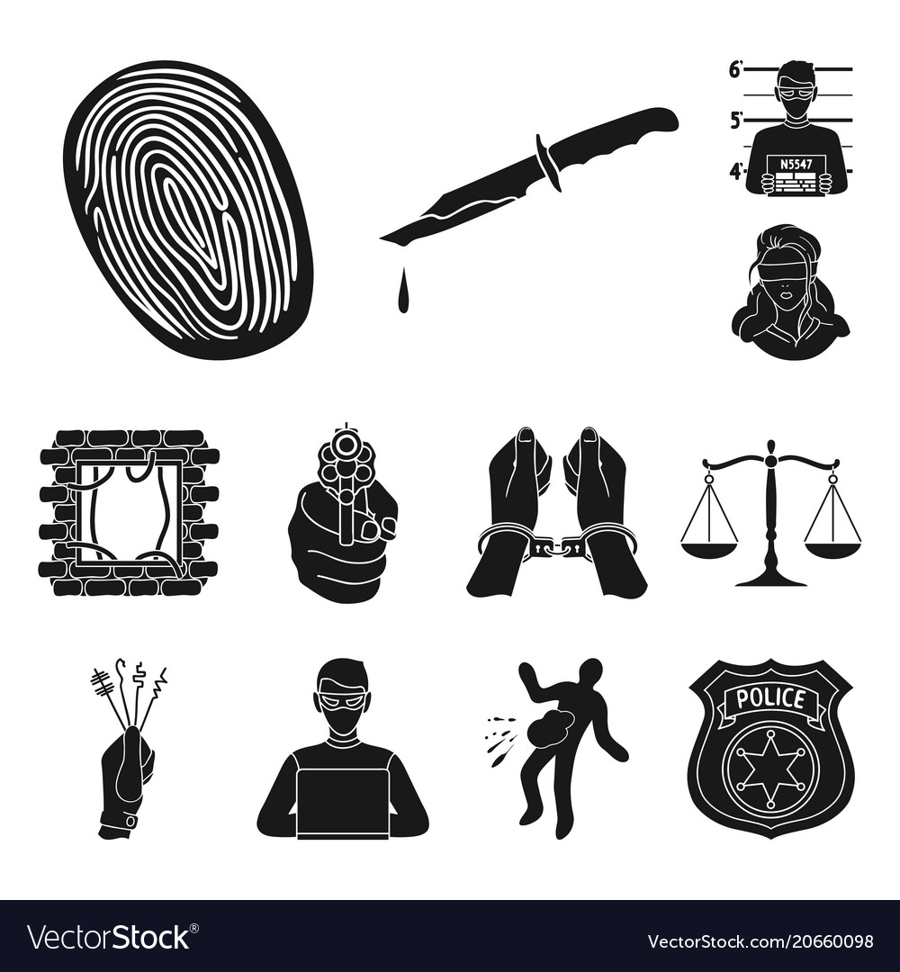 Crime and punishment black icons in set collection