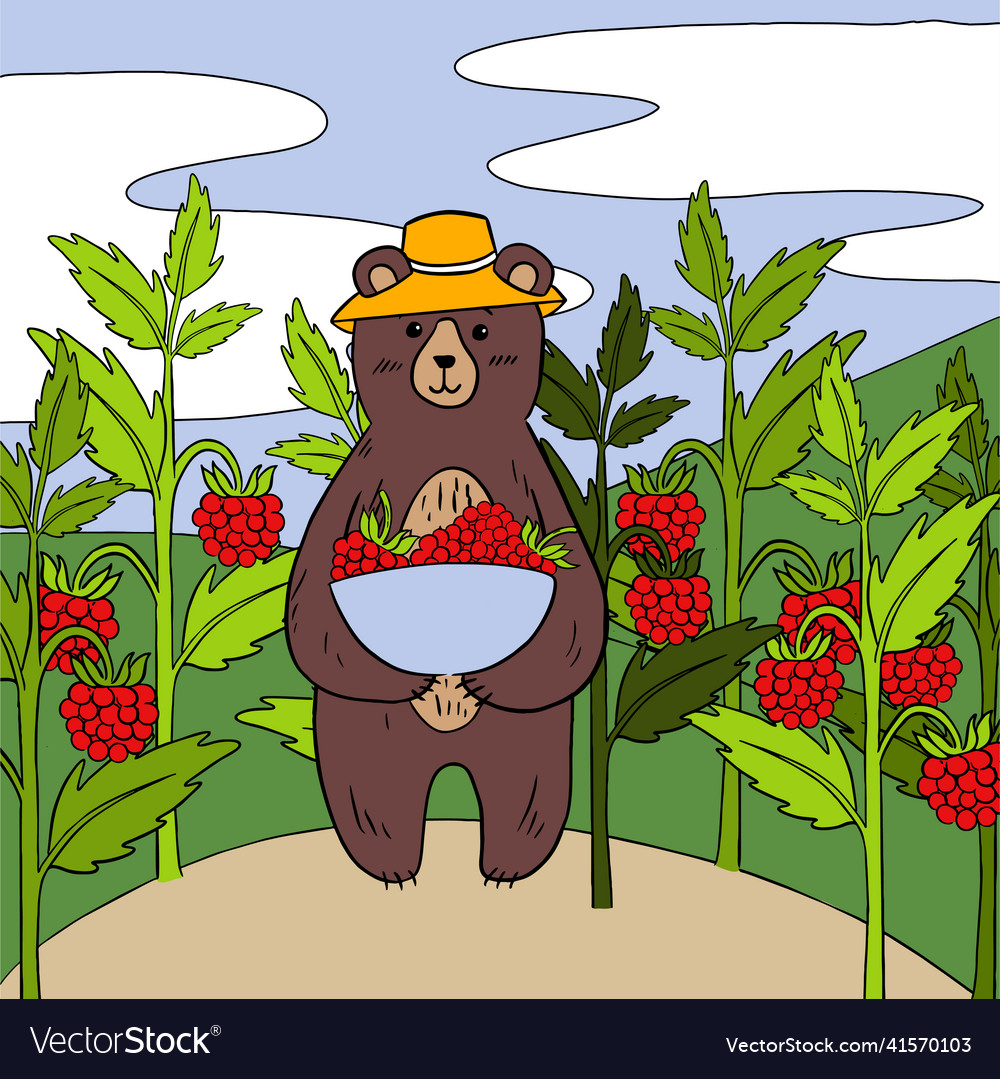 Picture of a bear cub in panama hat picking Vector Image