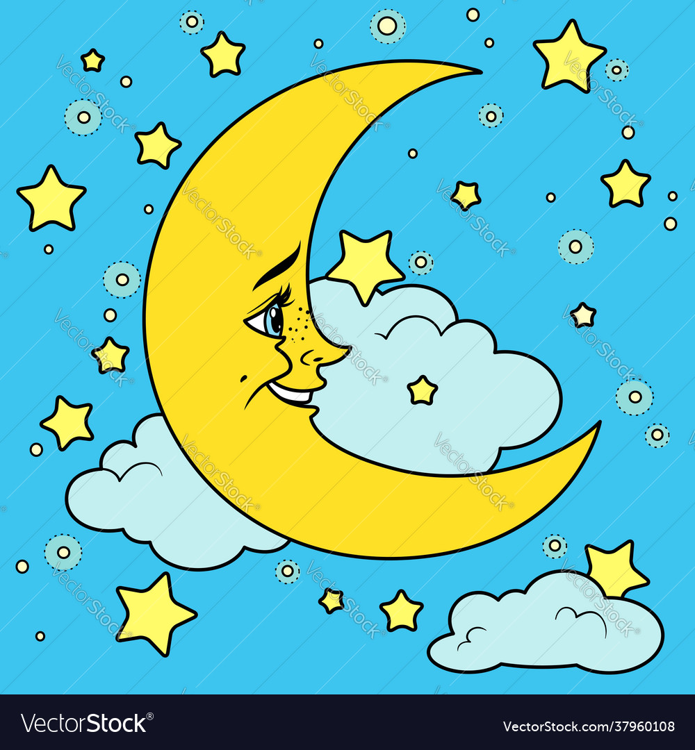 Cartoon smiling moon with clouds color variation Vector Image