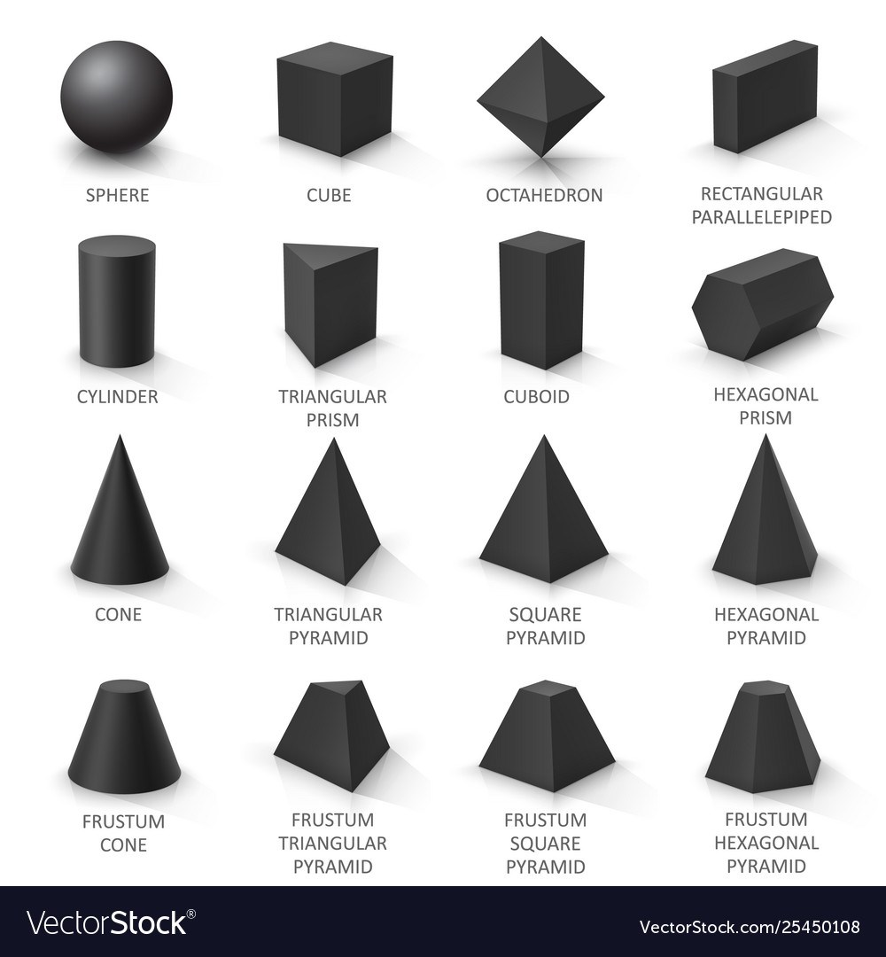 set-basic-3d-shapes-black-geometric-solids-on-vector-image