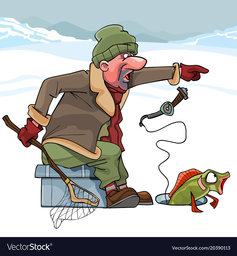 Cartoon Cunning Fisherman Catches Fish In Winter Vector Image