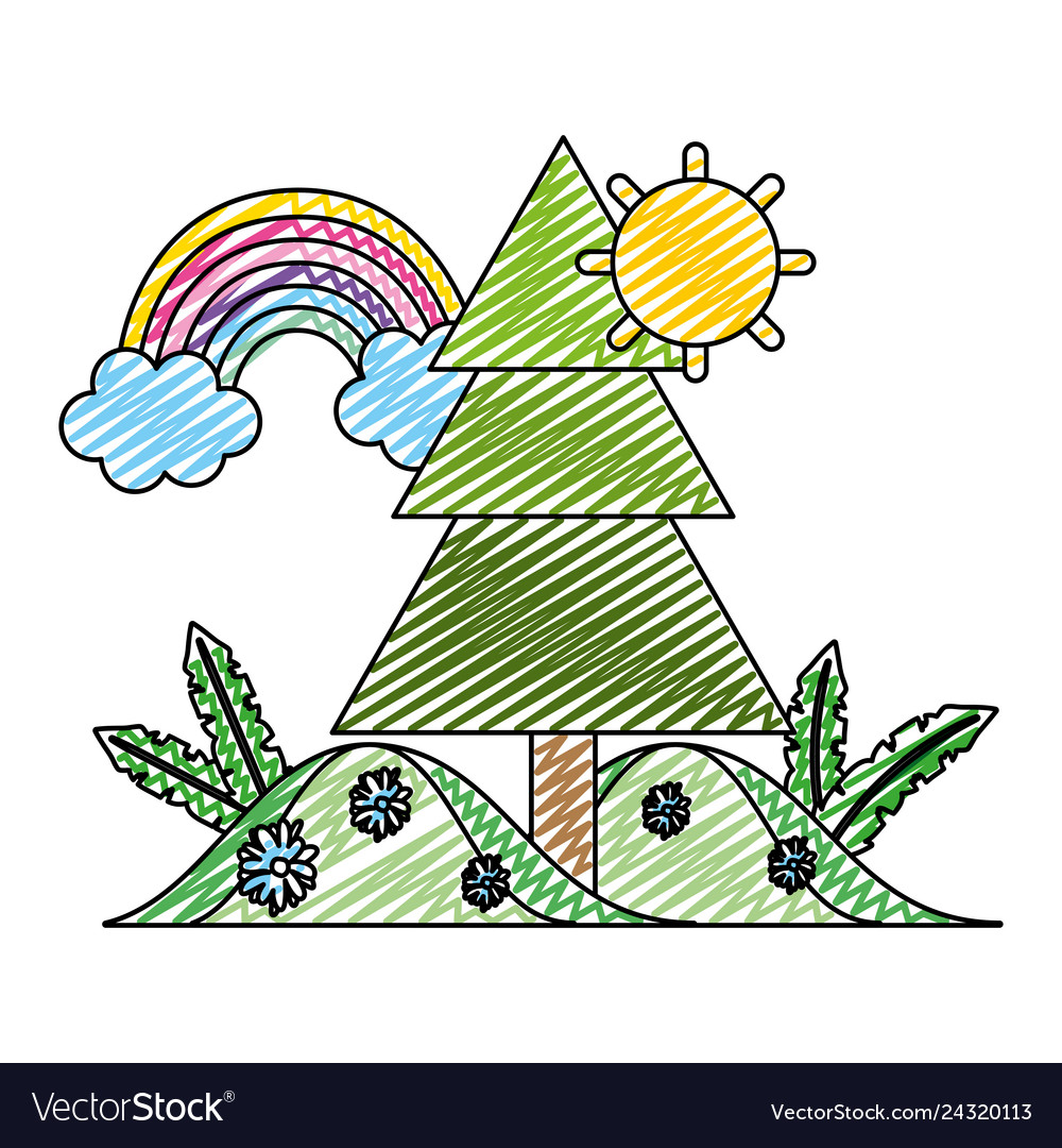 Doodle pine tree wit mountains and plants Vector Image