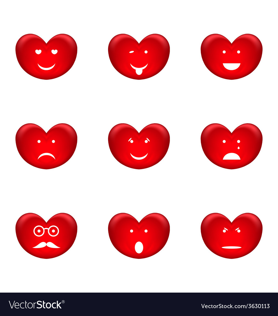 Set of smiles heart shape with many emotions Vector Image