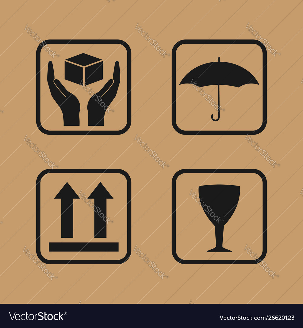 Fragile symbol on cardboard set icons