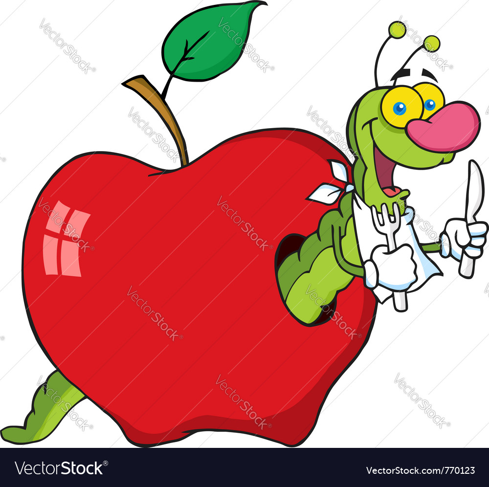 Hungry worm in a red apple Royalty Free Vector Image