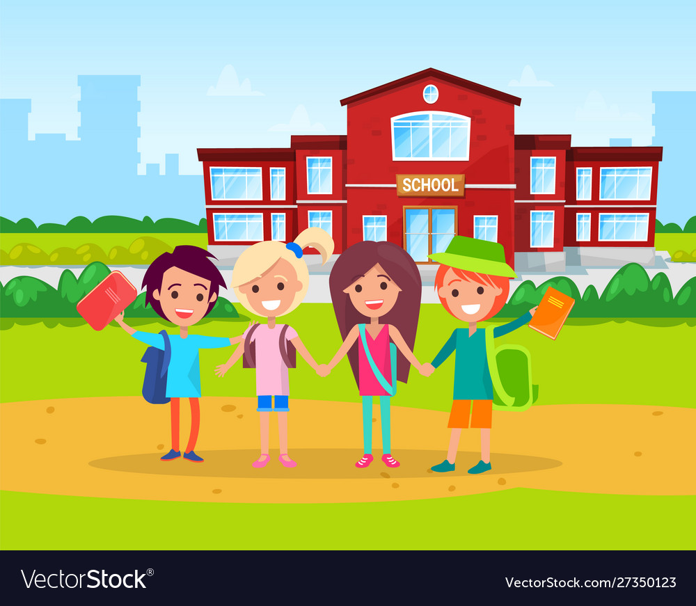 Primary school kids with satchels on shoulders Vector Image