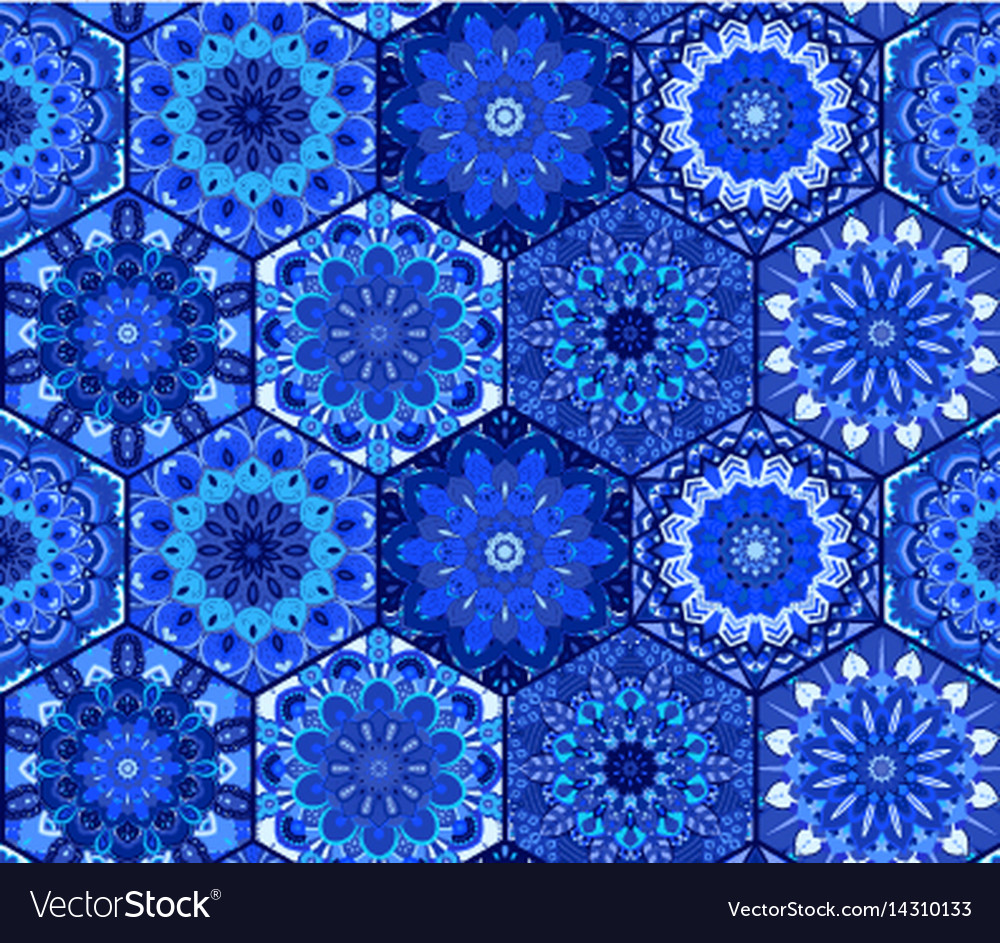 Blue background tiles mandala pattern Royalty Free Vector