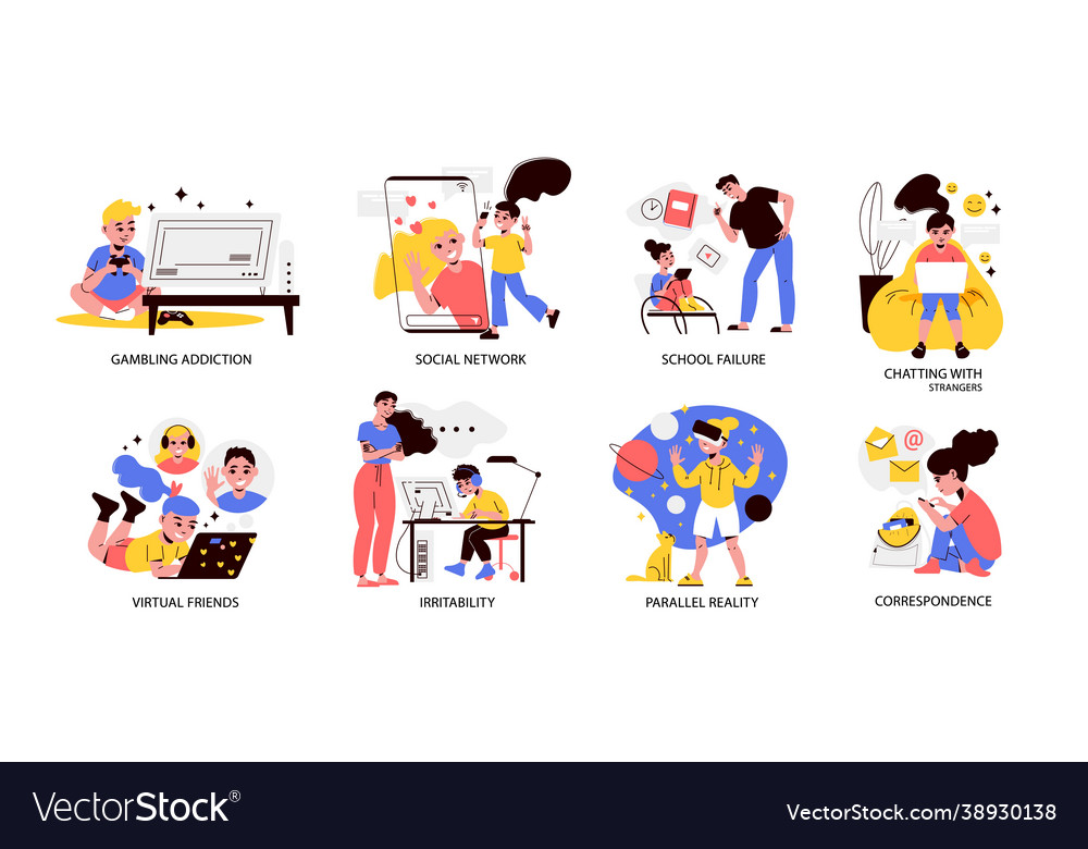 Children gadget addiction compositions Royalty Free Vector