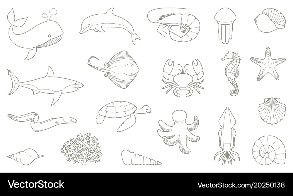 Outlines fish and other sea creatures Royalty Free Vector