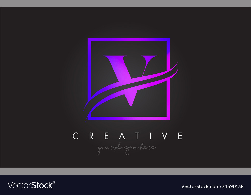 V purple violet letter logo design with square