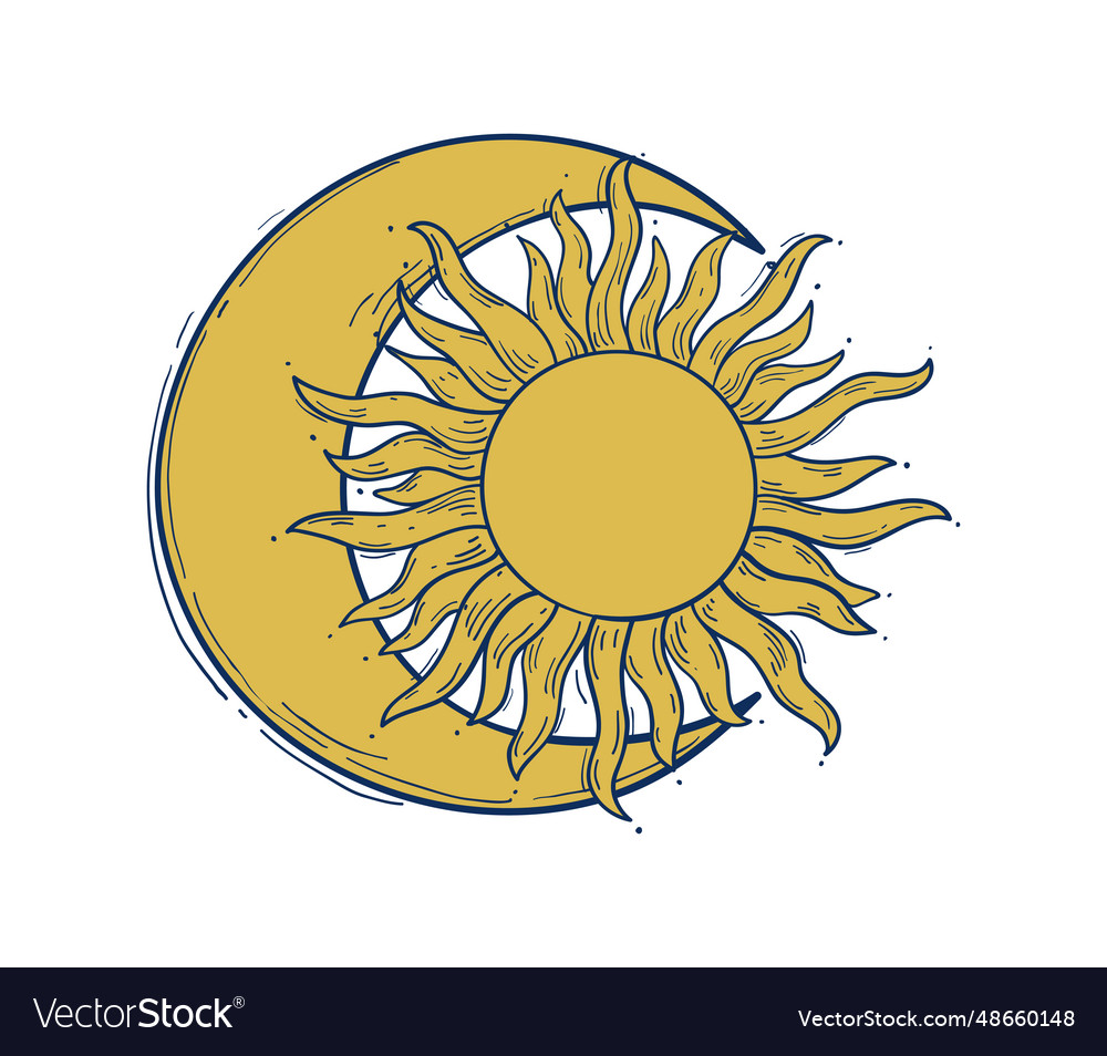 Crescent moon and sun with rays mystical Vector Image