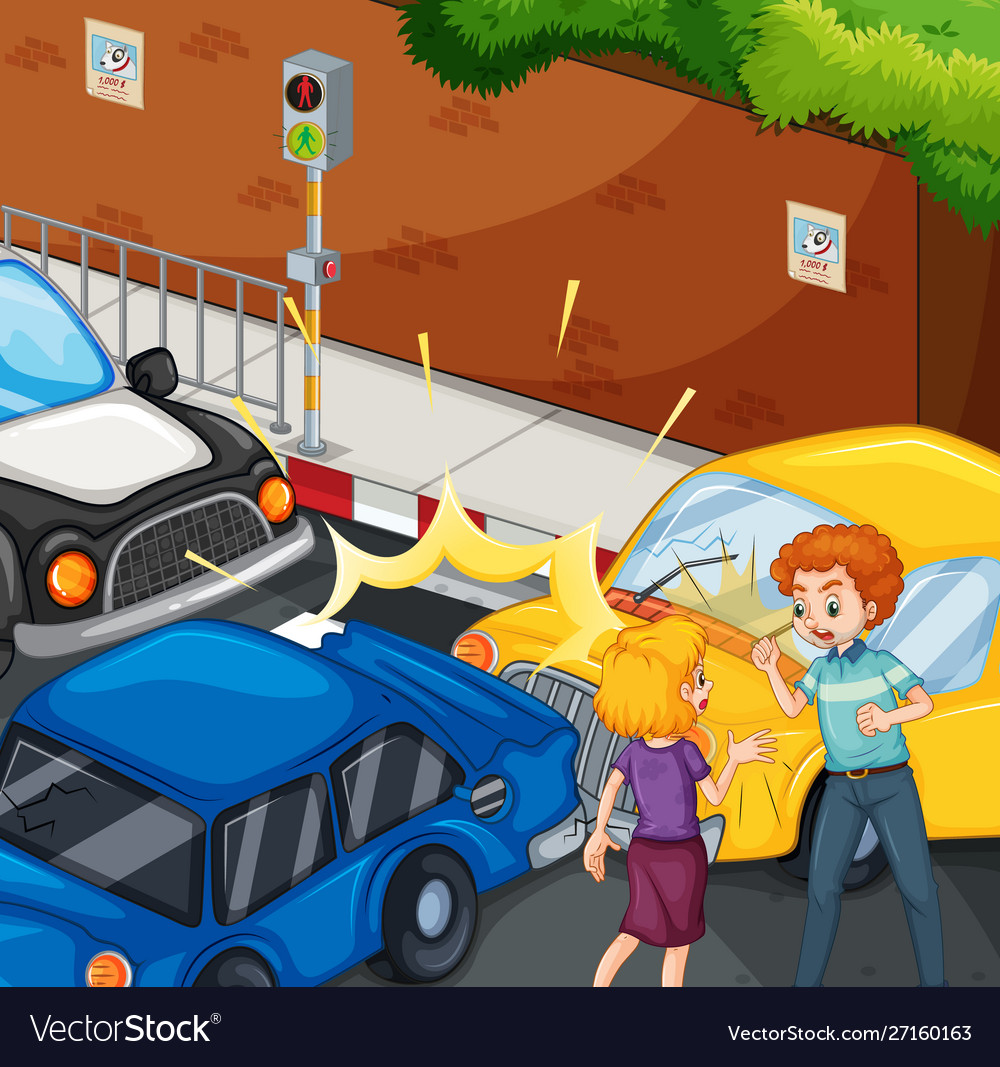 Premium Vector  Illustration showing car crash with two people standing  near the cars