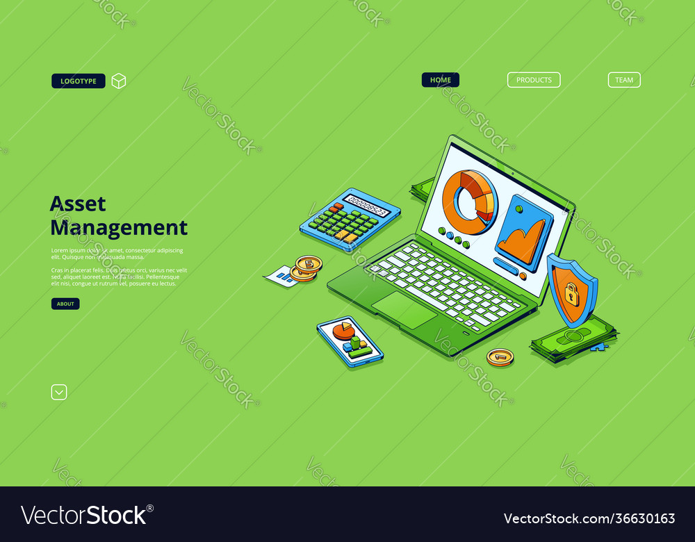 Asset management isometric landing page analytics Vector Image