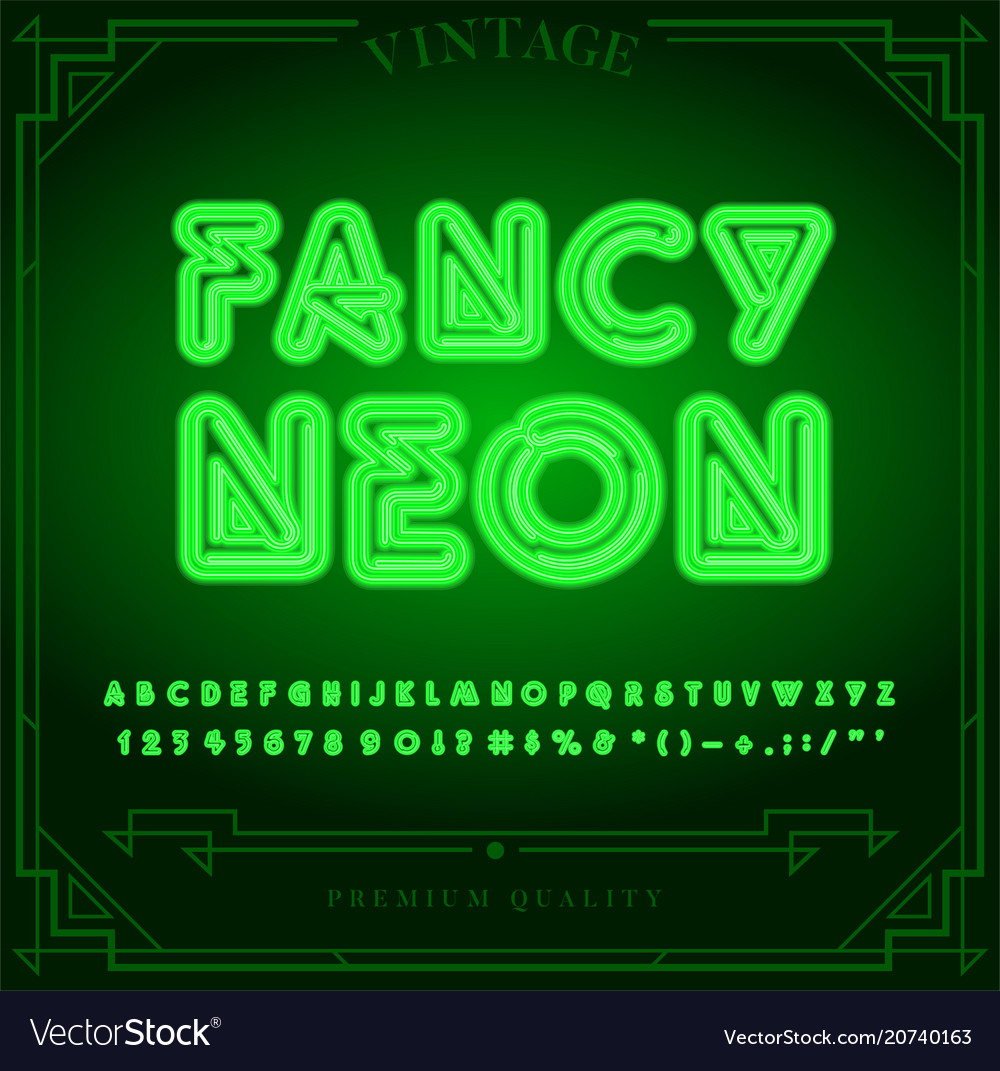 Bright neon alphabet letters numbers and symbols Vector Image