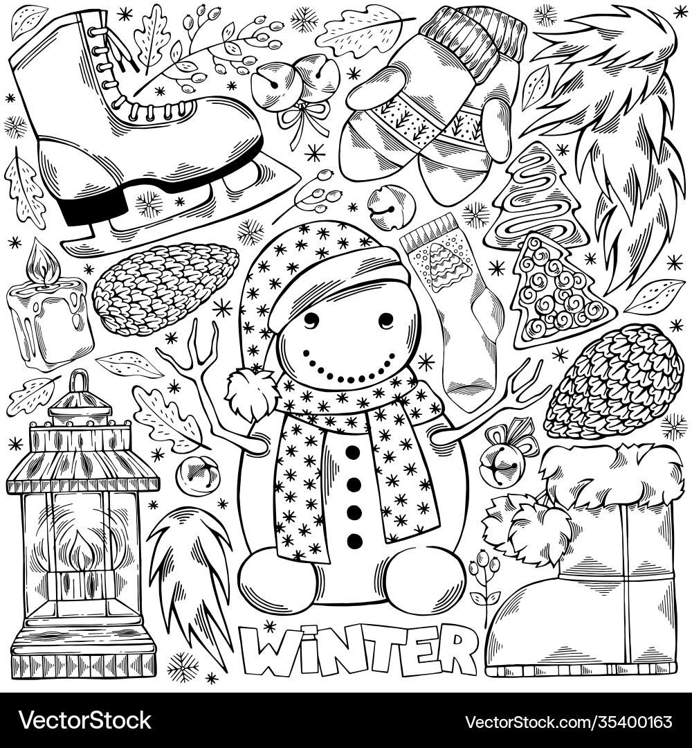 Hand drawn set winter time Royalty Free Vector Image