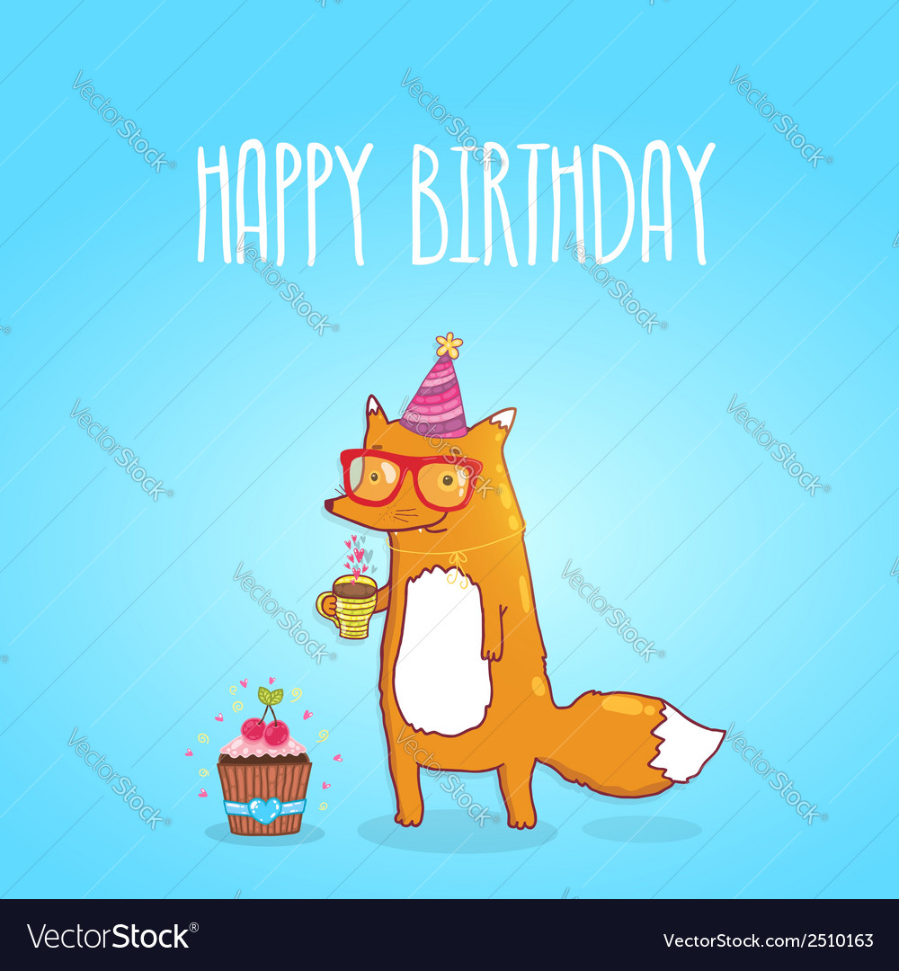 happy birthday card with hipster fox royalty free vector