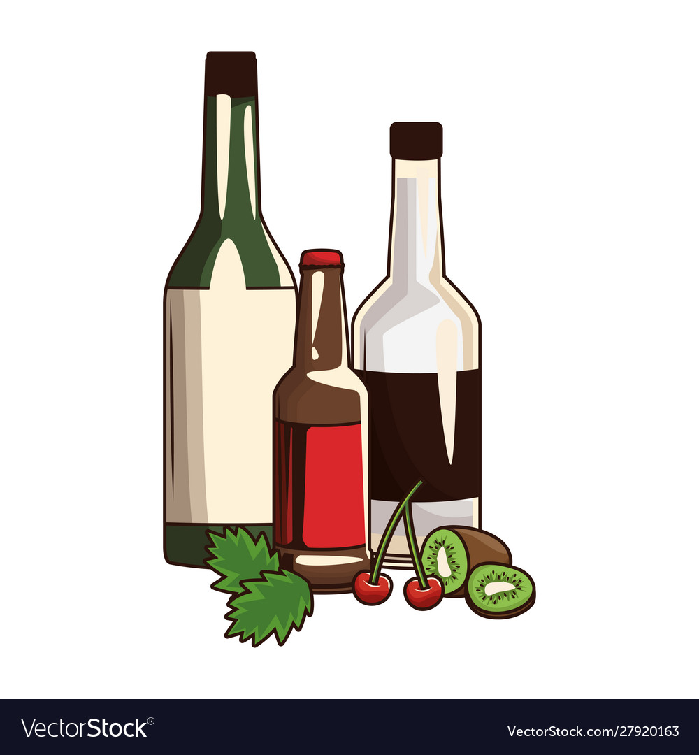 Liquor bottles and fruits flat design Royalty Free Vector