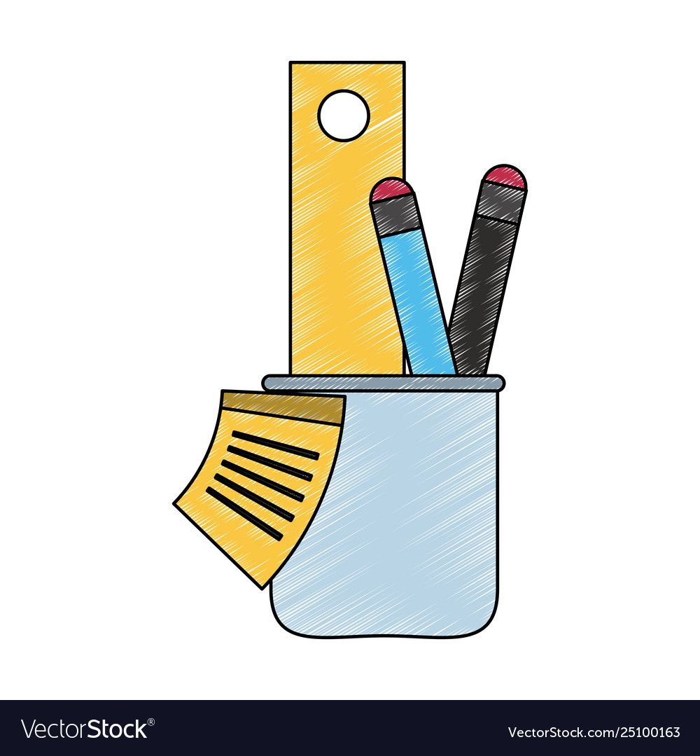 Pens and ruler inside cup scribble Royalty Free Vector Image