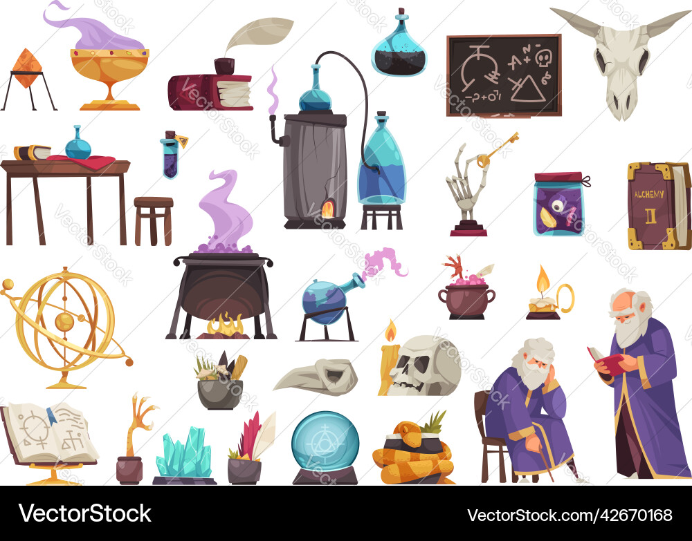 Alchemy cartoon set Royalty Free Vector Image - VectorStock