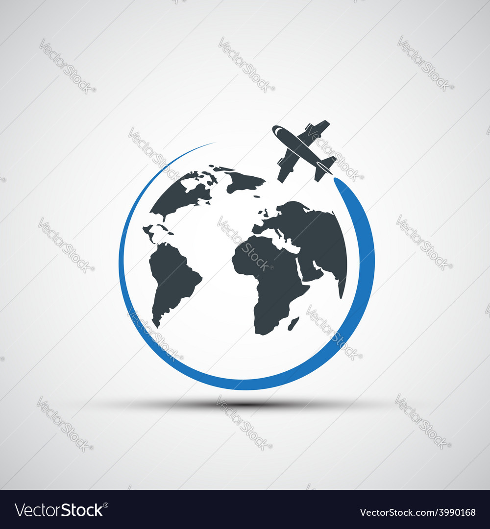 Icons airplane fly around the planet earth