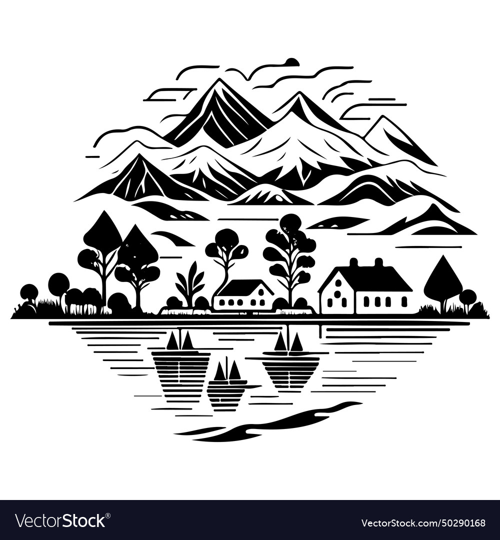 Village river graphic sketch draw Royalty Free Vector Image