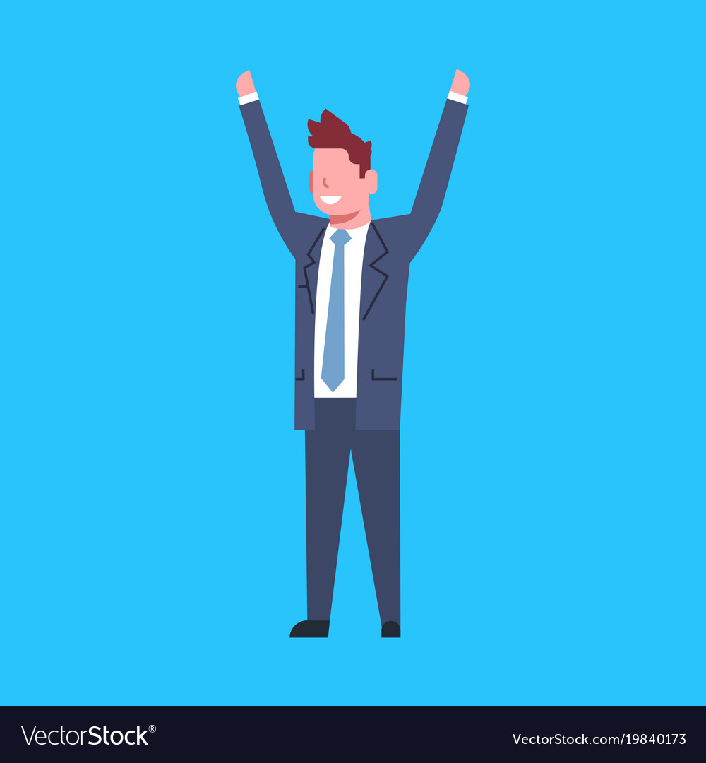 Business man cheerful hold raised hands office Vector Image