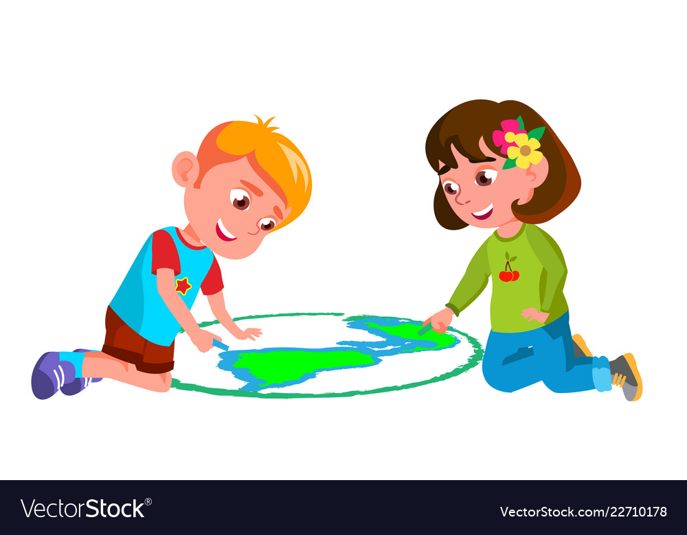 Child Boy Girl Drawing Earth On Asphalt Royalty Free Vector