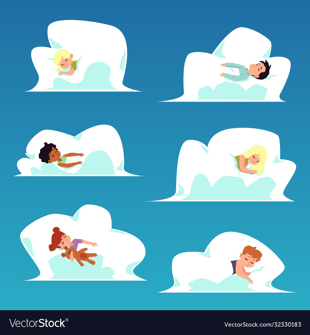 Sweet kids characters set sleeping in clouds flat Vector Image