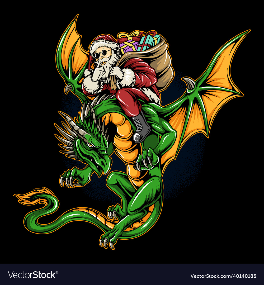 Christmas santa claus on a flying dragon carrying vector image Christmas santa claus on a flying dragon carrying