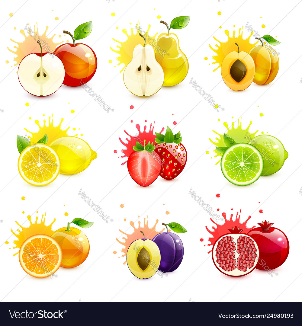 Set juicy fruits with splashes juice Royalty Free Vector