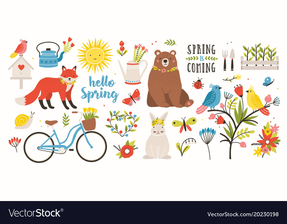 Spring set collection of cute animals birds Vector Image Spring set collection of cute animals birds Vector Image