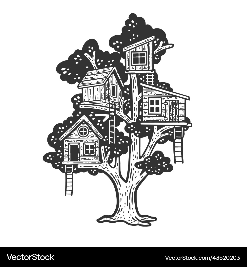 Wooden tree houses on tree sketch Royalty Free Vector Image