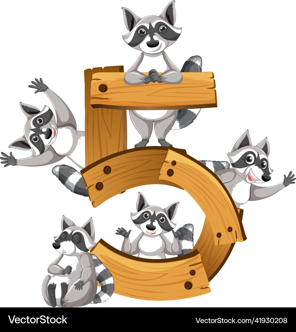 Five raccoons attached to number Royalty Free Vector Image