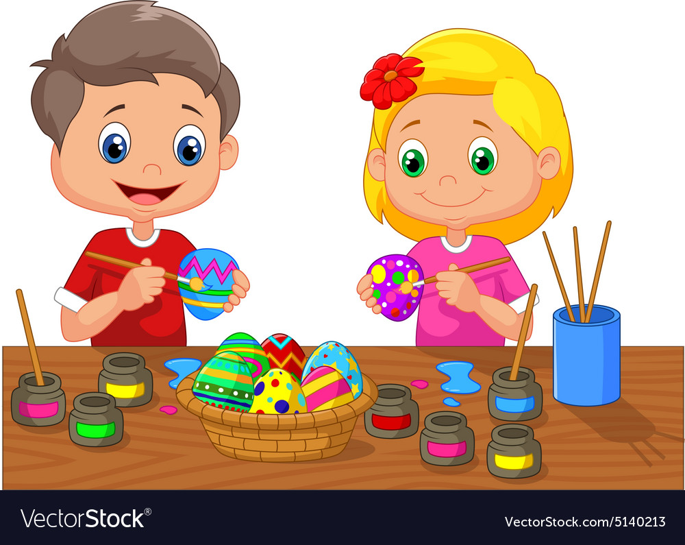 Cartoon kids painting easter egg Royalty Free Vector Image