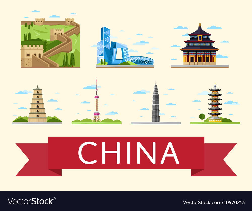 China travel set famous asian buildings Royalty Free Vector