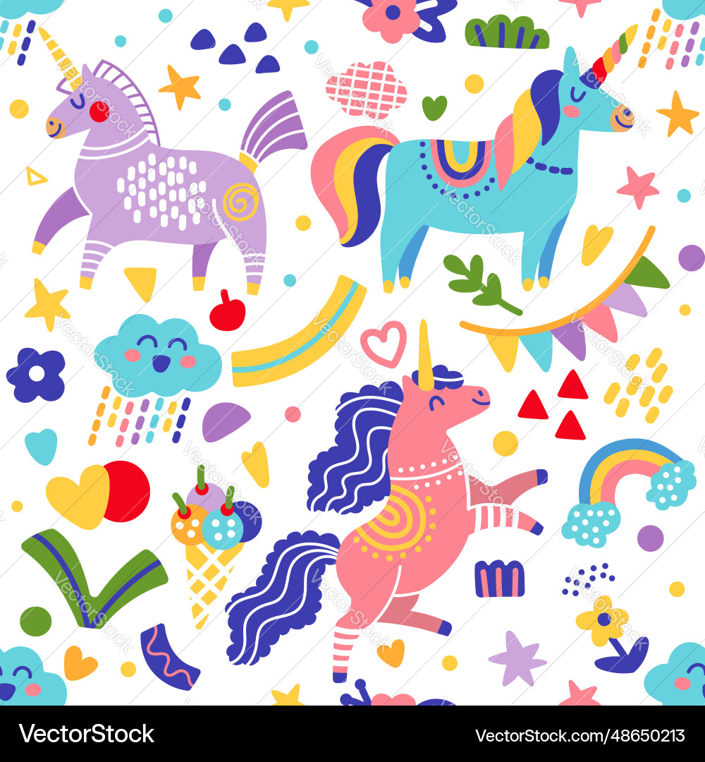 Seamless pattern doodle rainbow unicorns Vector Image