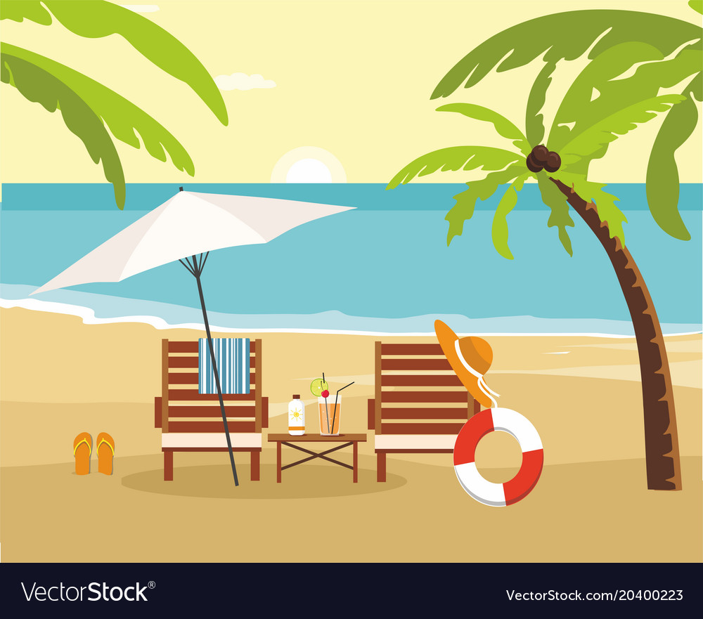 Chaise lounge and umbrella on beach summer Vector Image