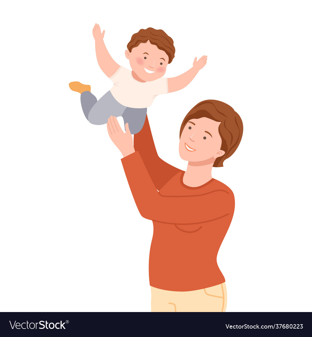 Smiling mother playing with her son pretending him