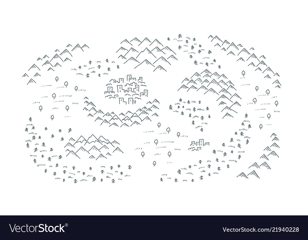 Draw Map With Mountains Forest And Small Town Vector 21940228 